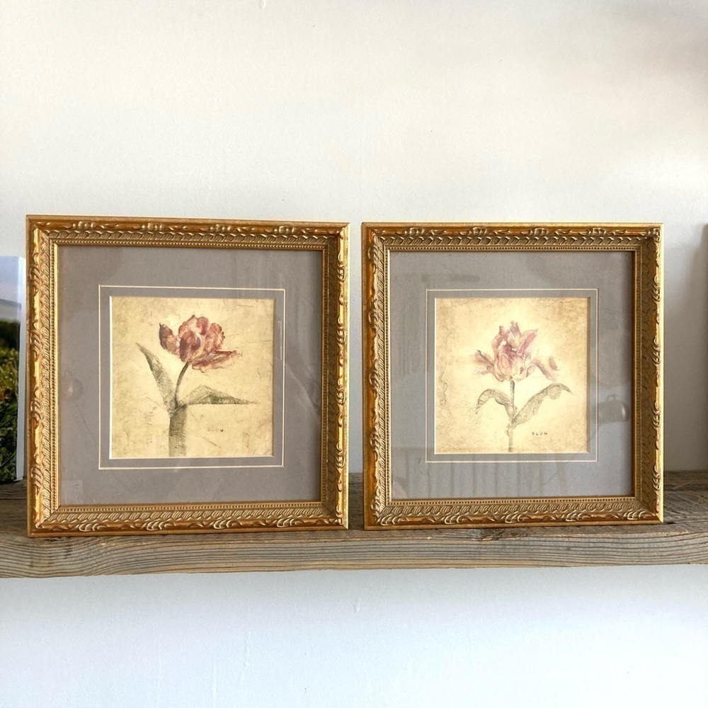 Gold framed rose prints signed Blume